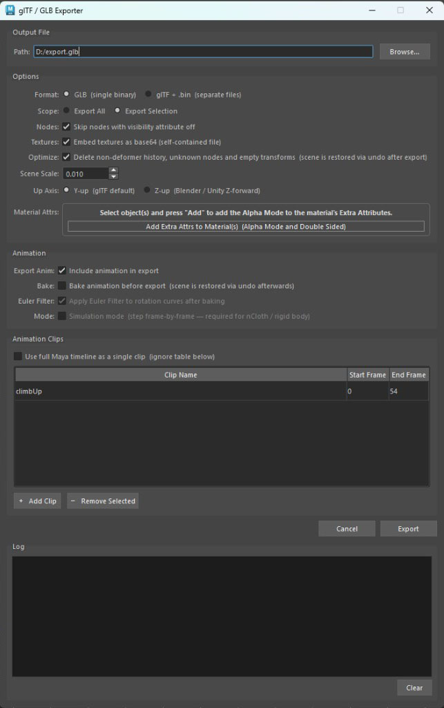 glTF GLB Exporter dialog for Maya with output path, format, animation clips, and export options