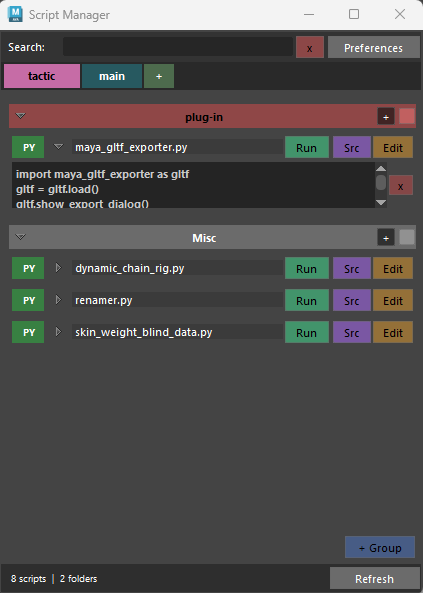 Maya Script Manager listing maya_gltf_exporter.py with Run, Src, and Edit buttons and a Python import snippet