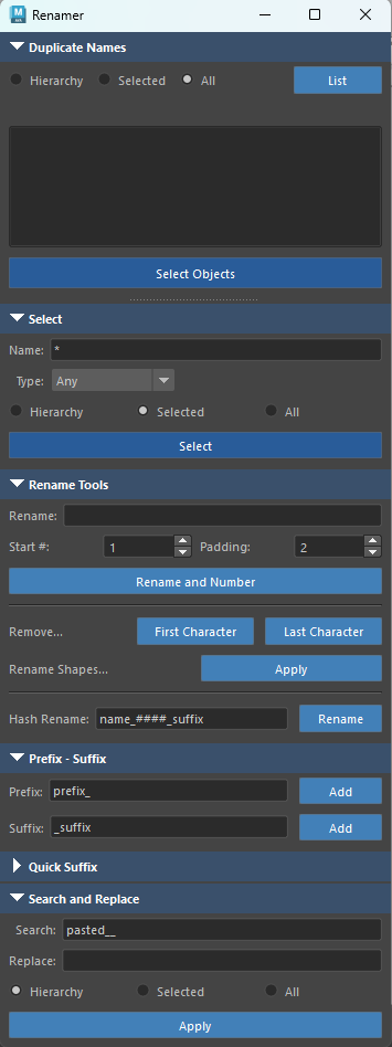 Maya Renamer dialog with duplicate name list, pattern select, rename and number, prefix suffix, and search replace
