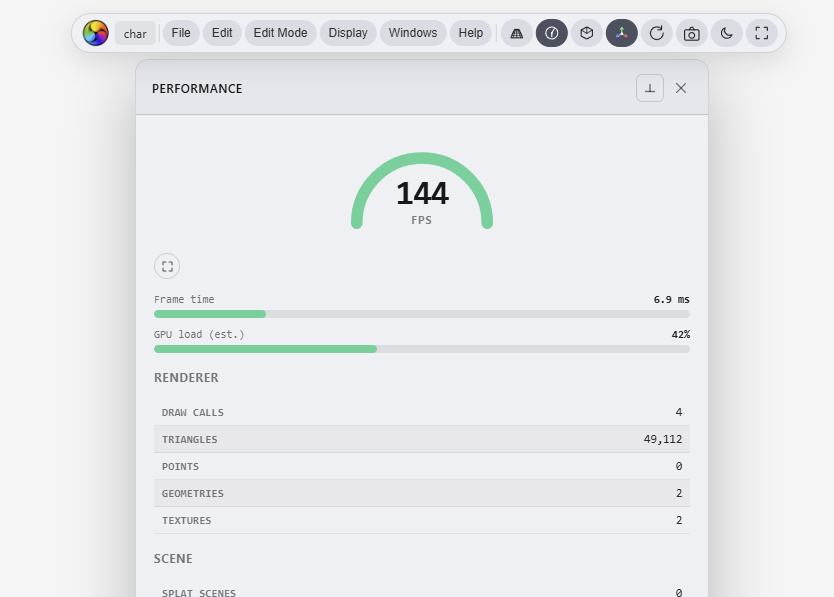 Performance monitor FPS gauge and renderer stats in light theme