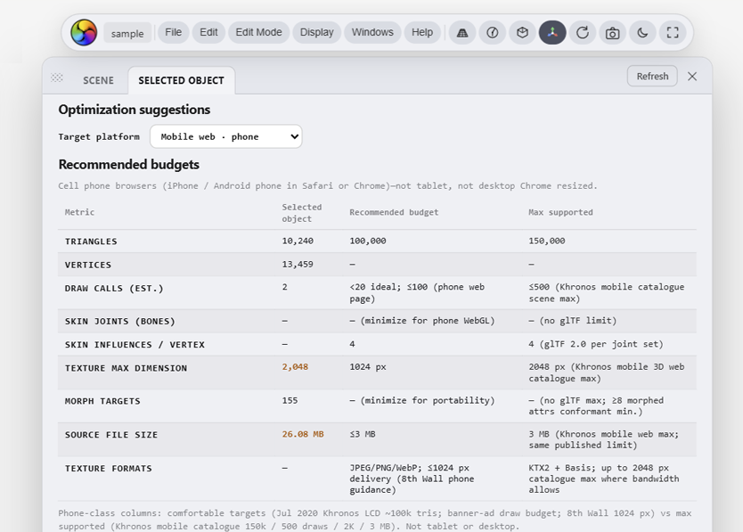 Scene Analyze window with scene-wide metadata report in light theme