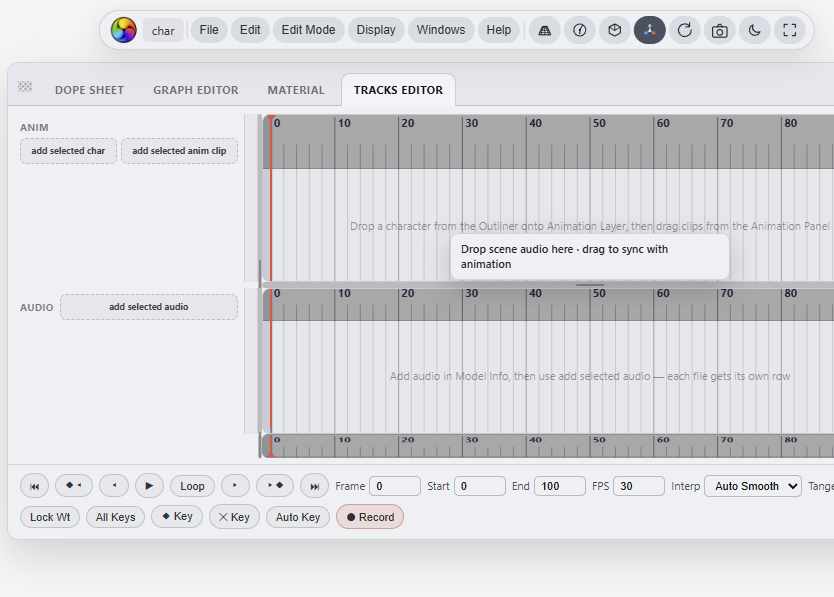 glTF animation timeline with Tracks Editor, keyframes, and audio strips in light theme